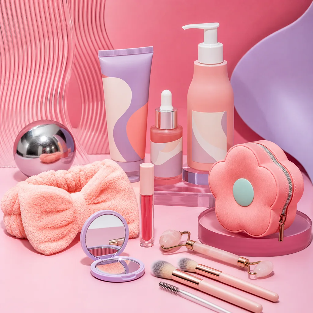 Playful beauty and self-care campaign still life