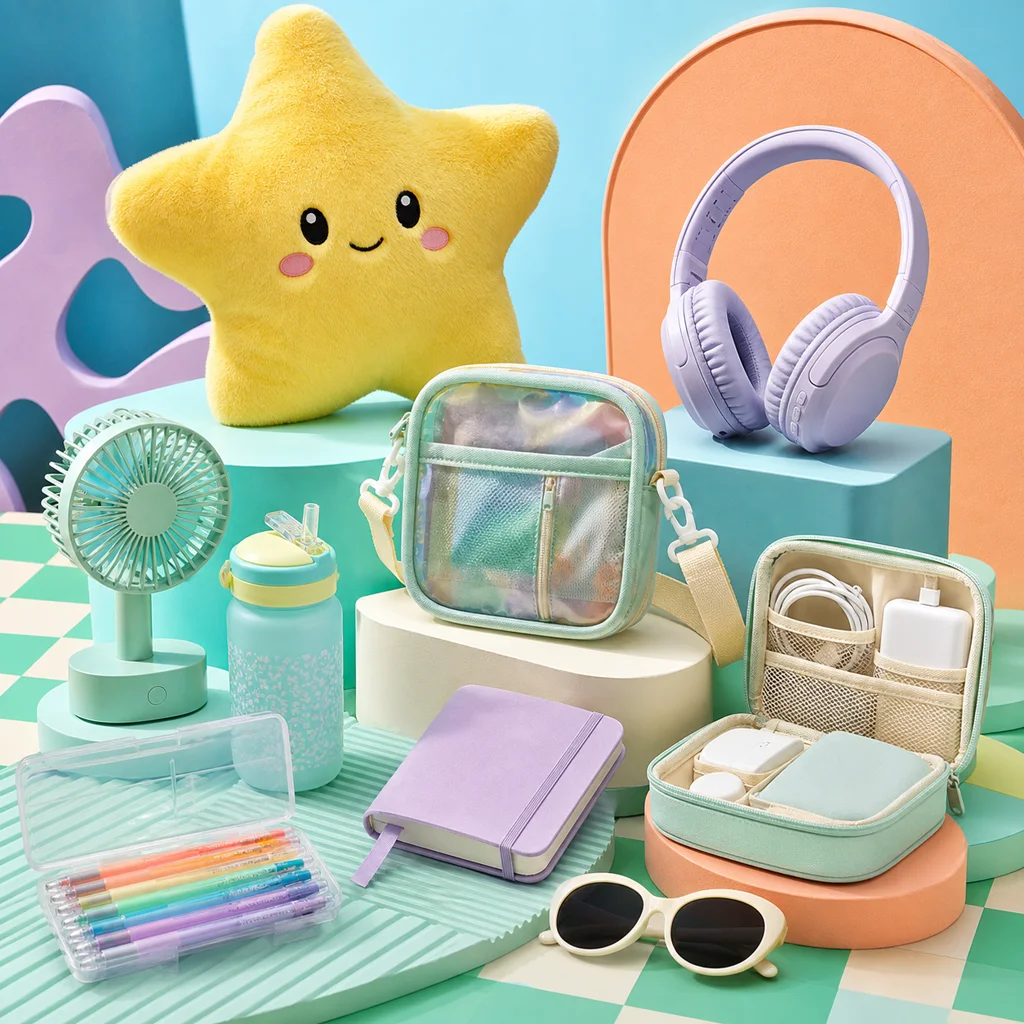 Colourful stationery, tech and travel campaign still life