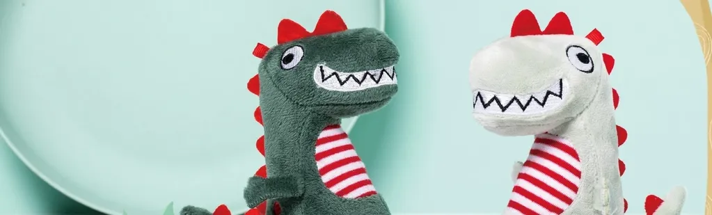 Two playful MUMUSO dinosaur plush characters