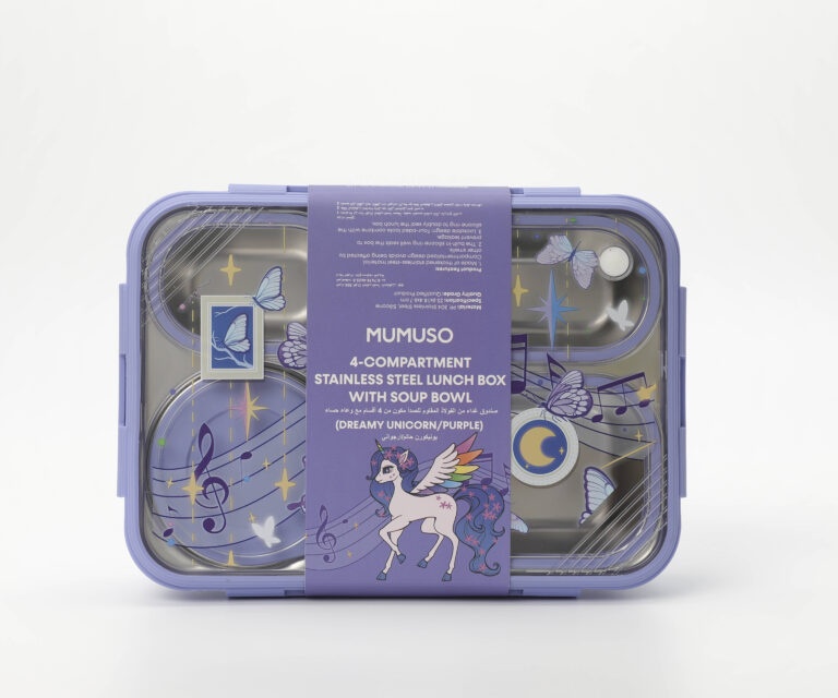 MUMUSO 4-Compartment Stainless Steel Lunch Box with Soup Bowl (Dreamy Unicorn/Purple)