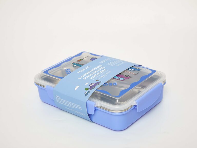 MUMUSO 3-Compartment Stainless Steel Lunch Box (Cartoon Vehicles/Blue) product image